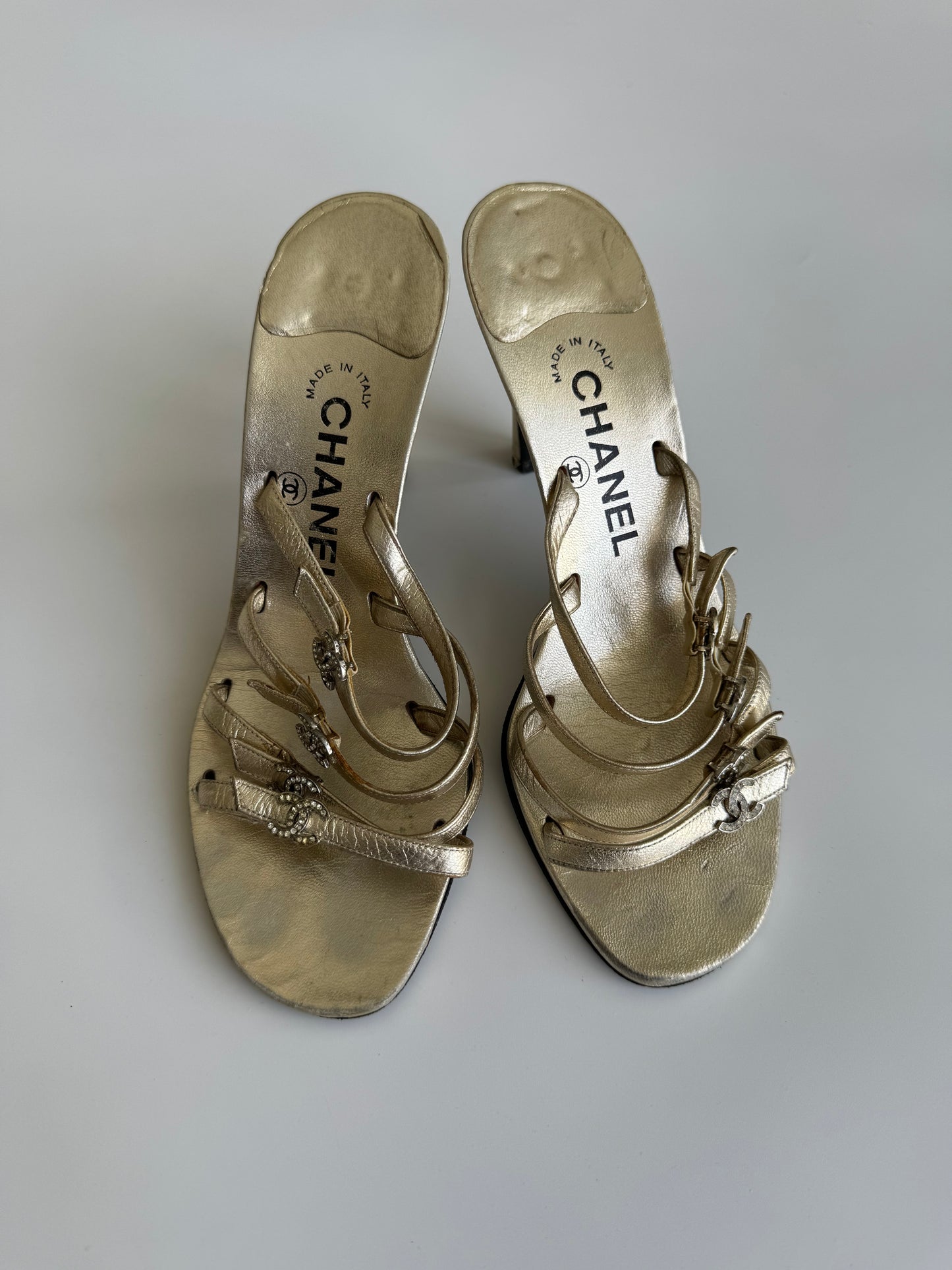 Chanel Rhinestone CC Gold Heels