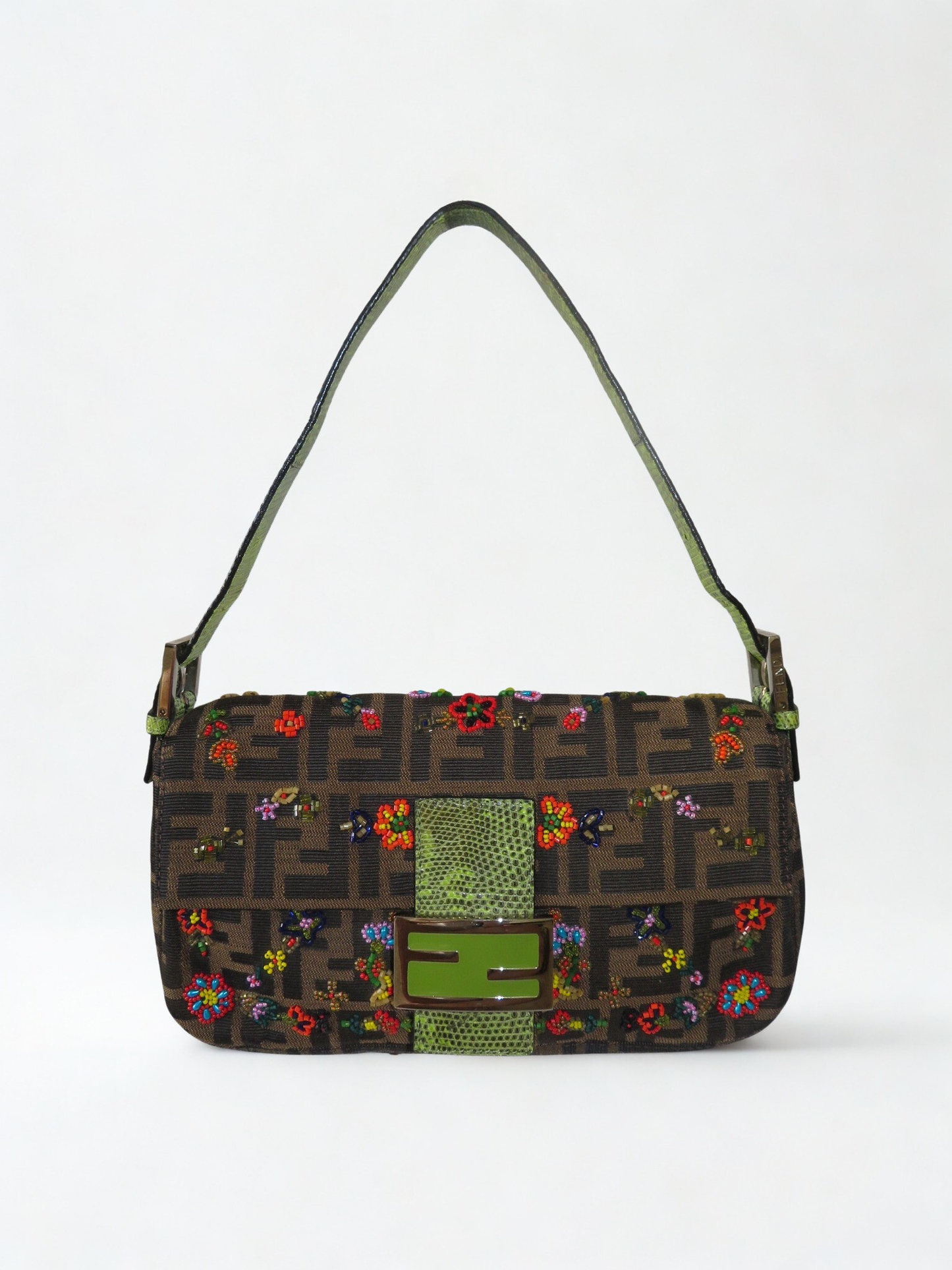 Vintage Fendi Lizard-Trimmed Beaded Zucca Baguette