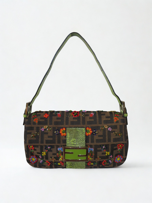 Vintage Fendi Lizard-Trimmed Beaded Zucca Baguette