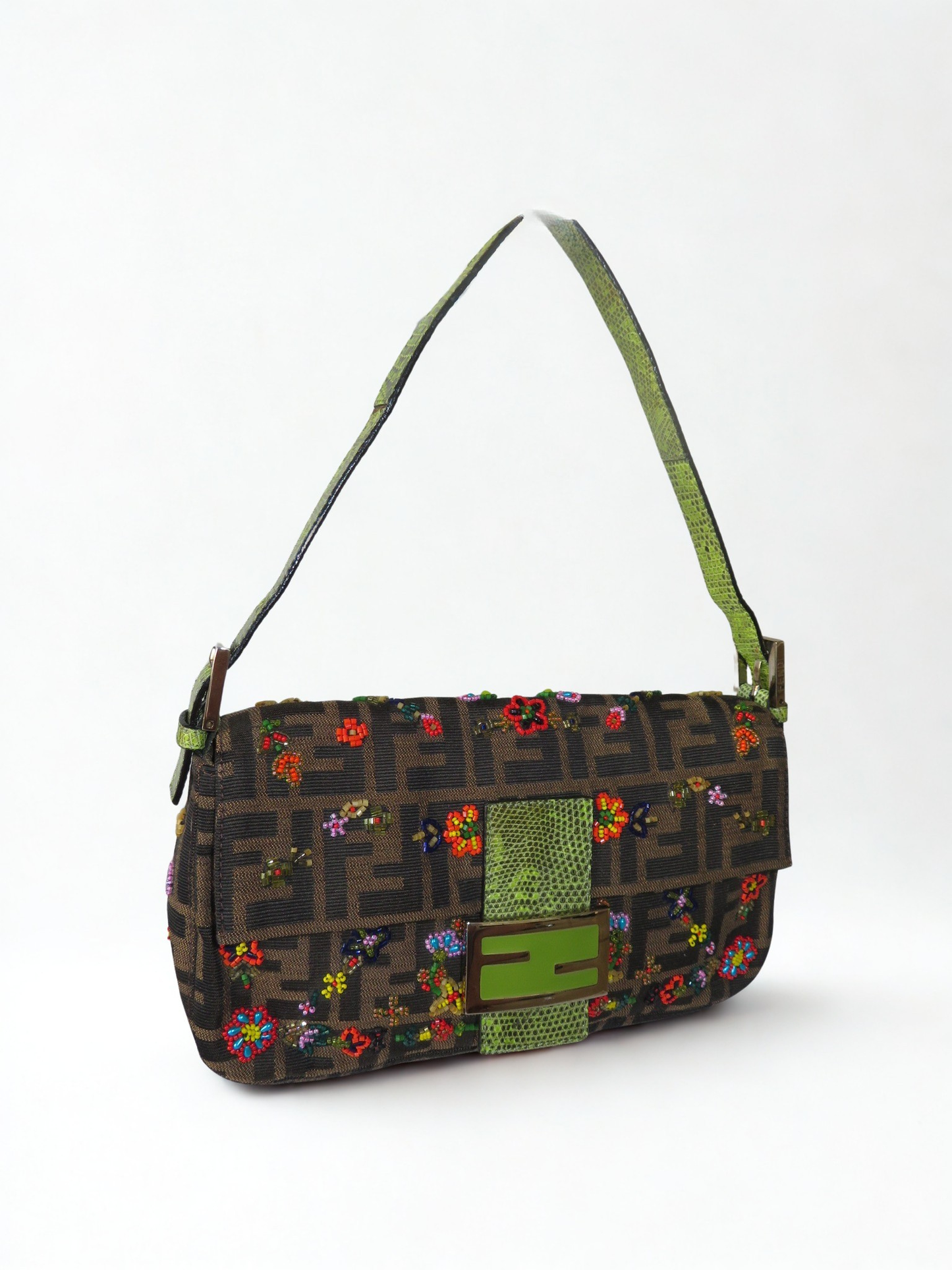 Vintage Fendi Lizard-Trimmed Beaded Zucca Baguette