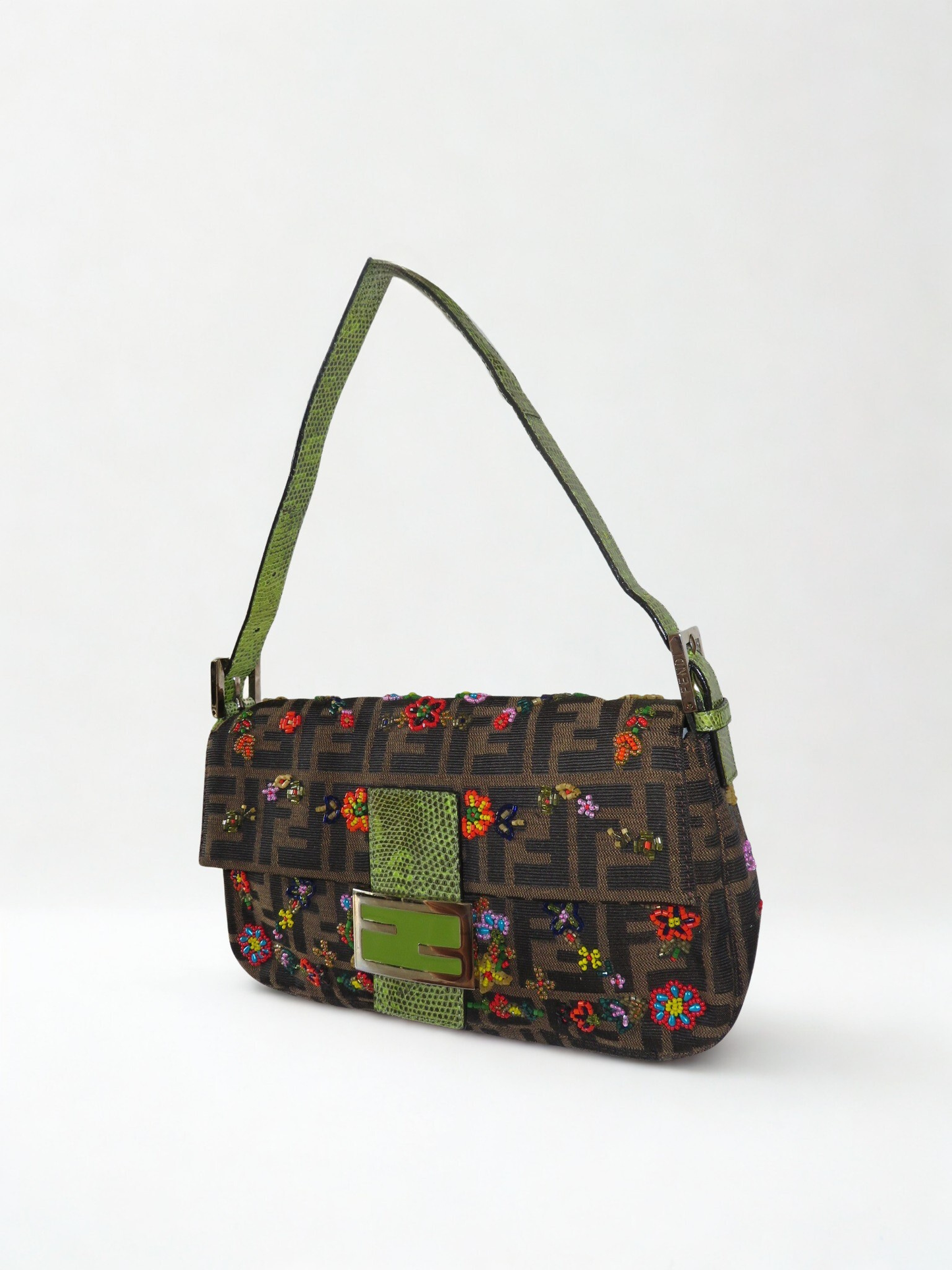 Vintage Fendi Lizard-Trimmed Beaded Zucca Baguette