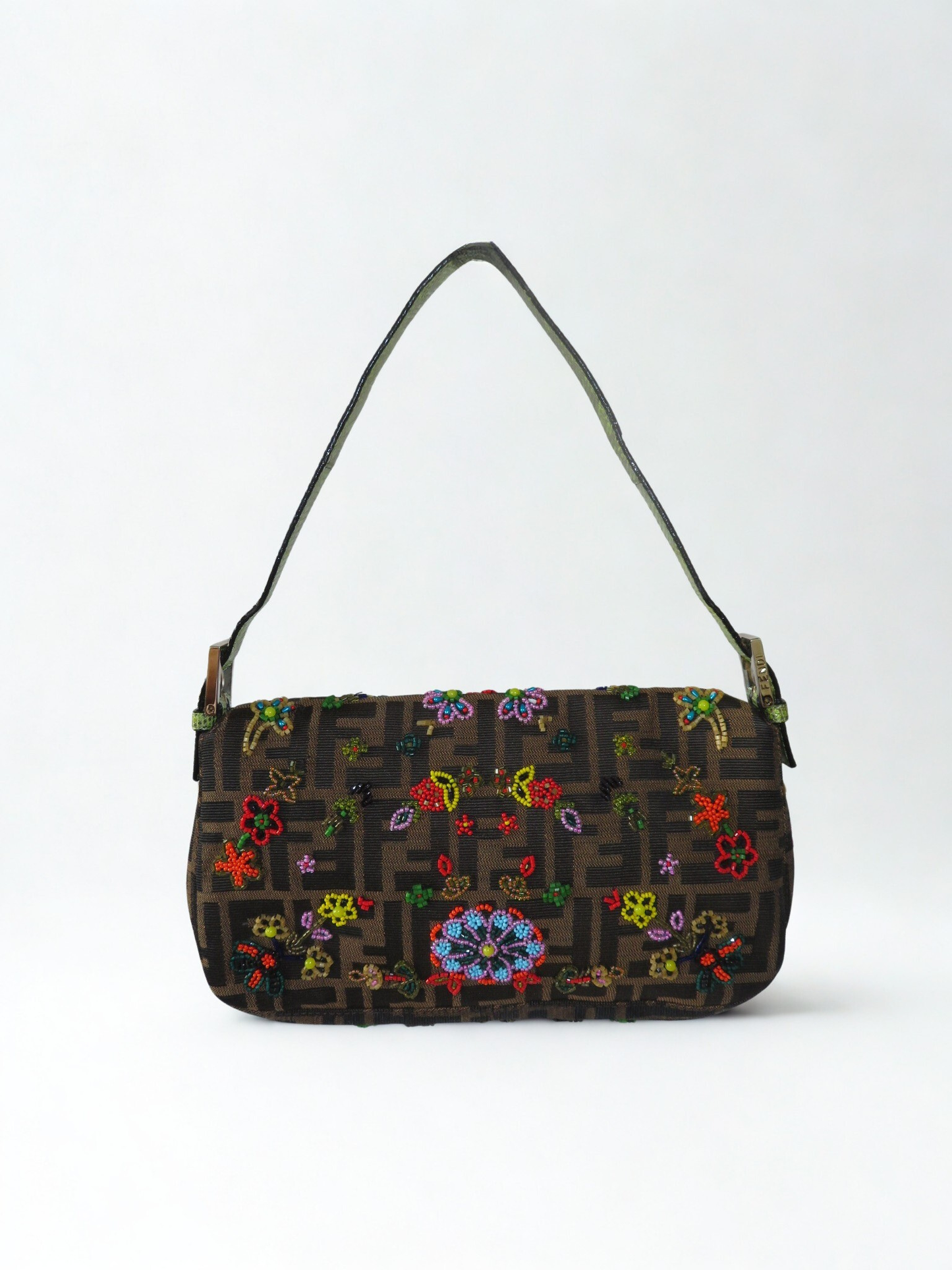 Vintage Fendi Lizard-Trimmed Beaded Zucca Baguette
