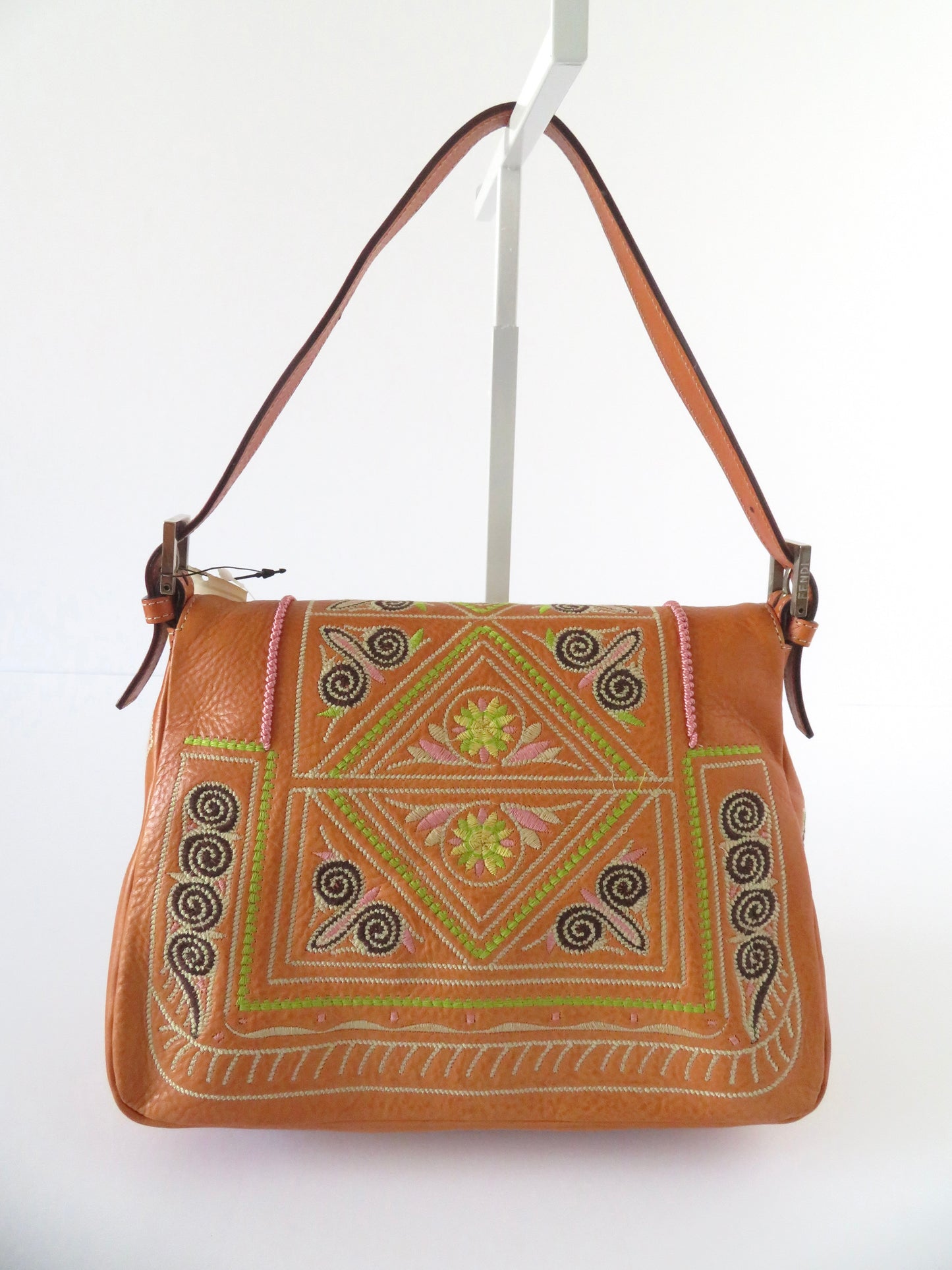 Vintage Fendi Brown Leather Embroidered Baguette