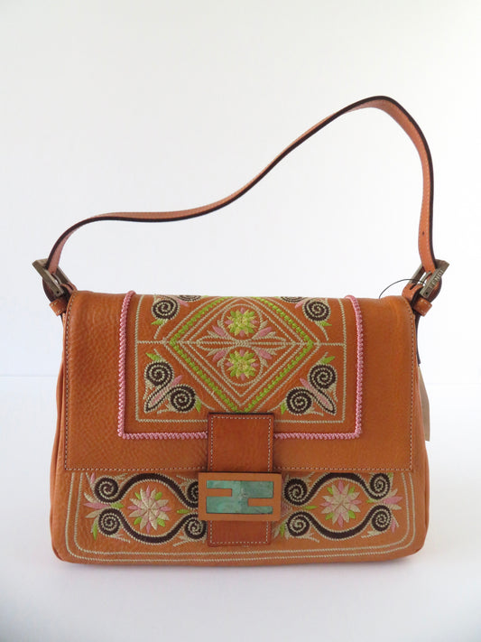 Vintage Fendi Brown Leather Embroidered Baguette