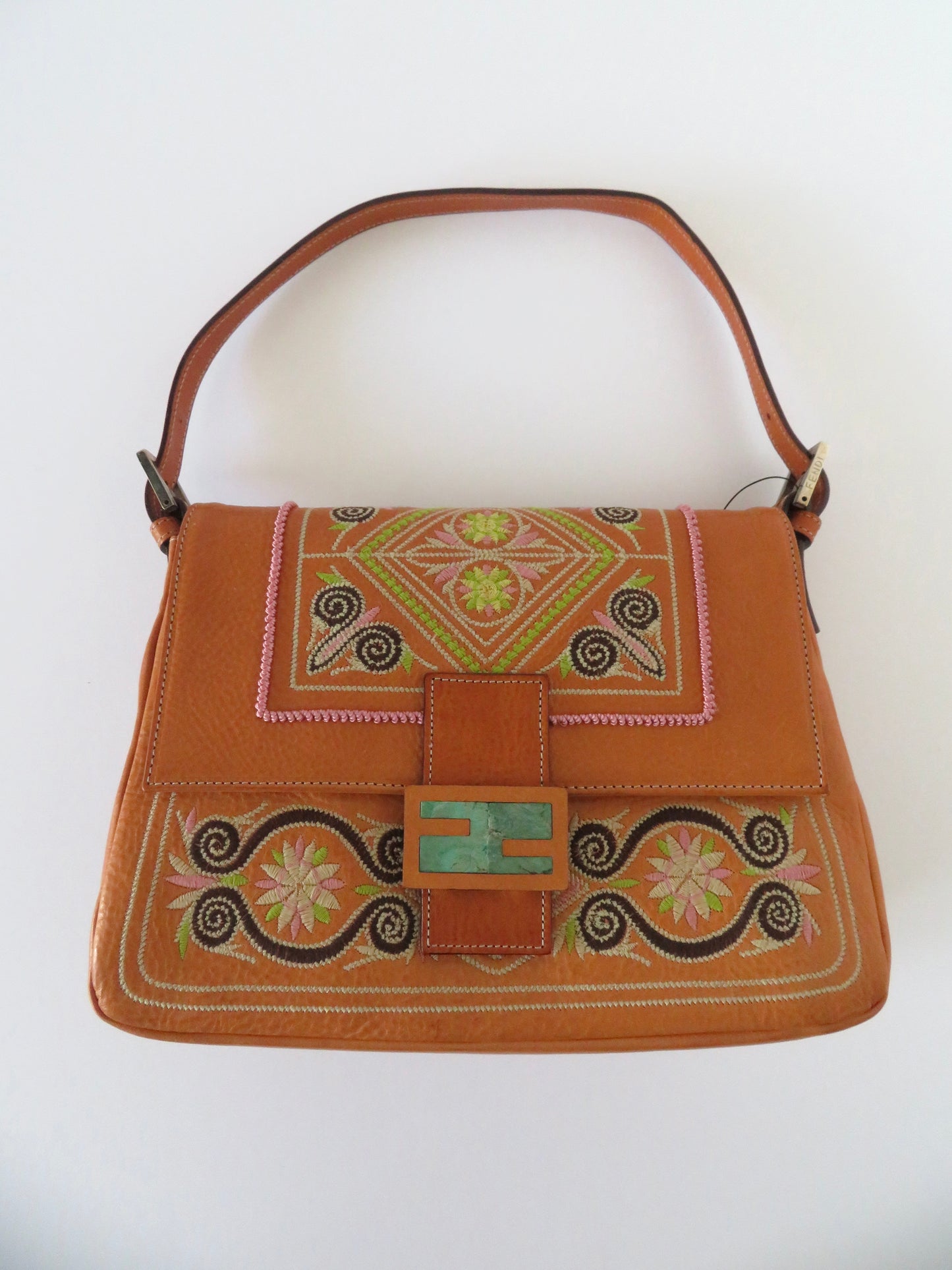 Vintage Fendi Brown Leather Embroidered Baguette