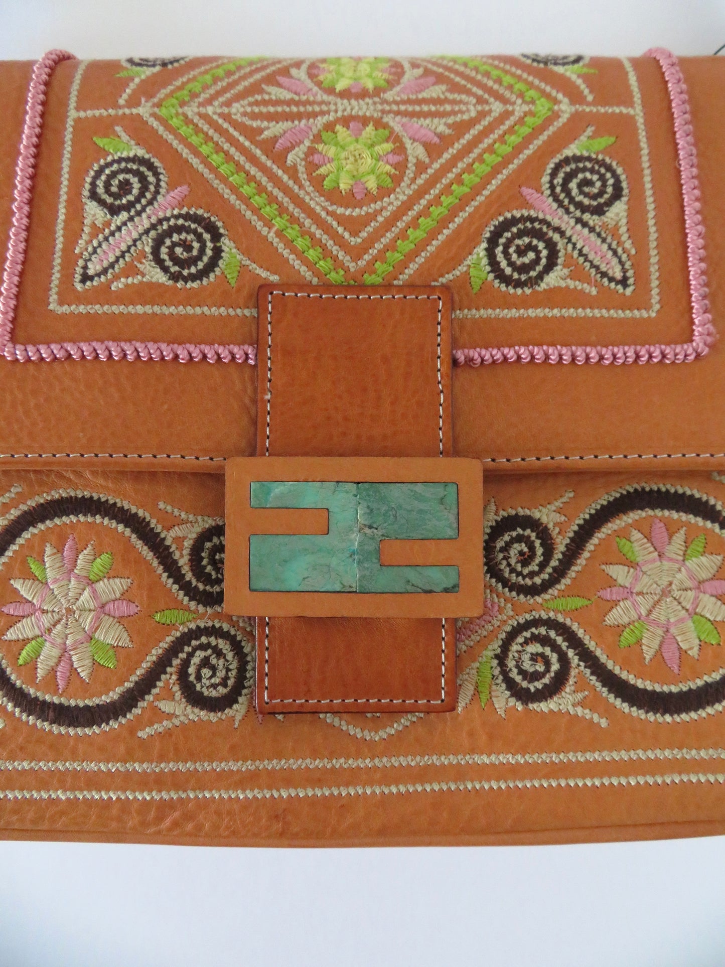 Vintage Fendi Brown Leather Embroidered Baguette