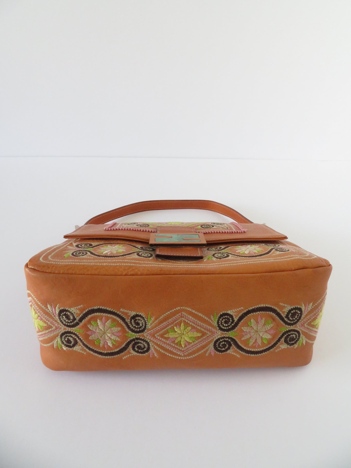 Vintage Fendi Brown Leather Embroidered Baguette