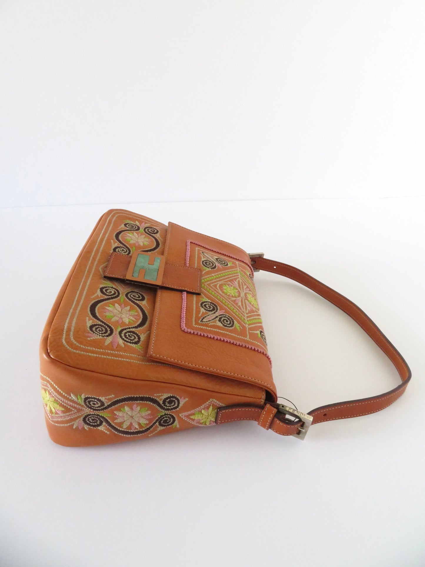 Vintage Fendi Brown Leather Embroidered Baguette