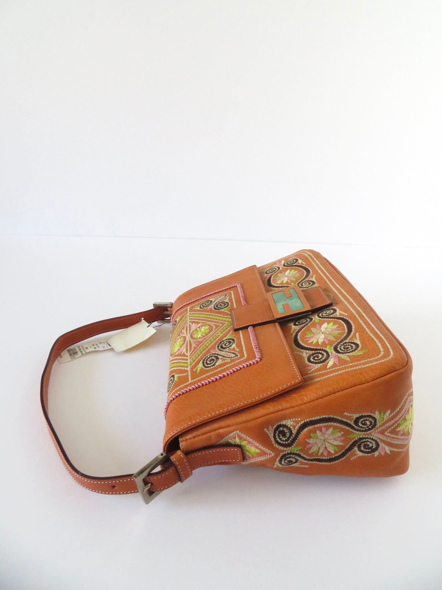 Vintage Fendi Brown Leather Embroidered Baguette