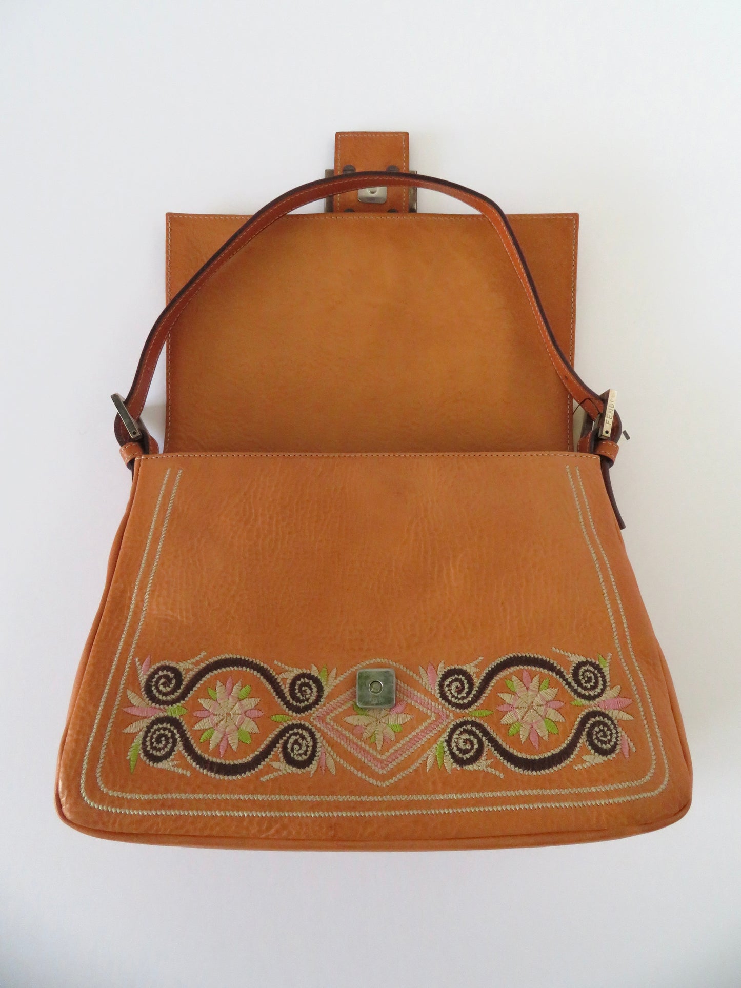 Vintage Fendi Brown Leather Embroidered Baguette