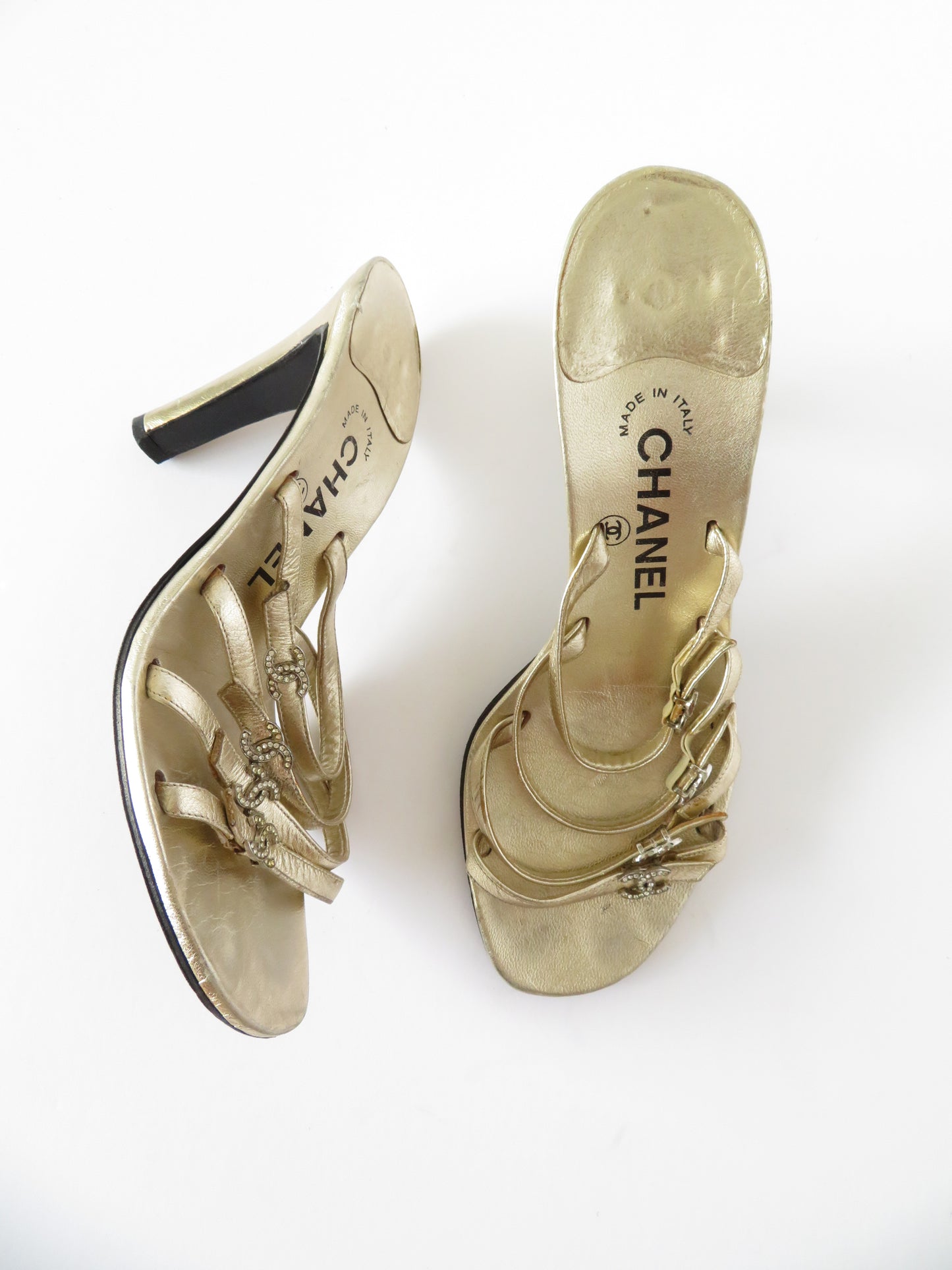 Chanel Rhinestone CC Gold Heels
