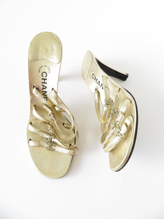 Chanel Rhinestone CC Gold Heels