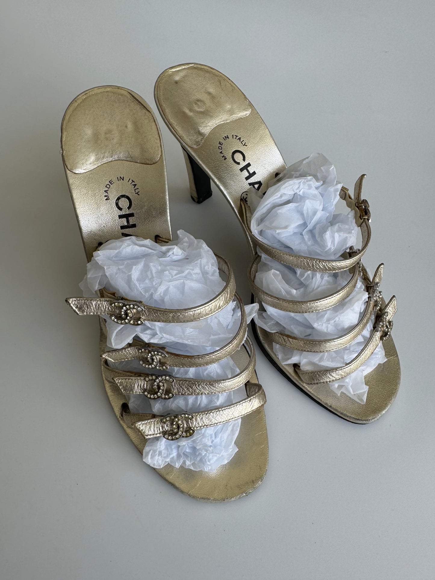 Chanel Rhinestone CC Gold Heels