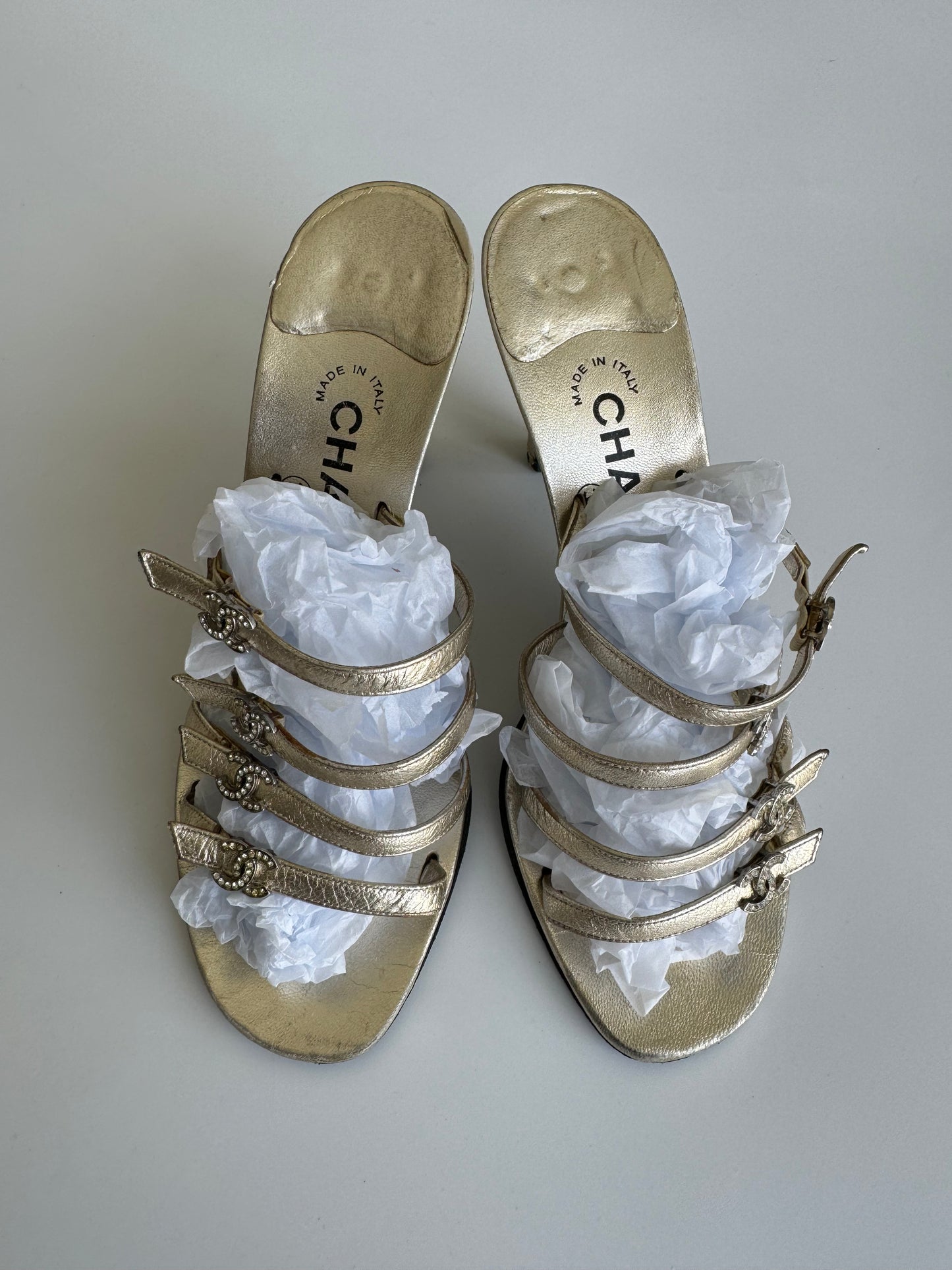 Chanel Rhinestone CC Gold Heels