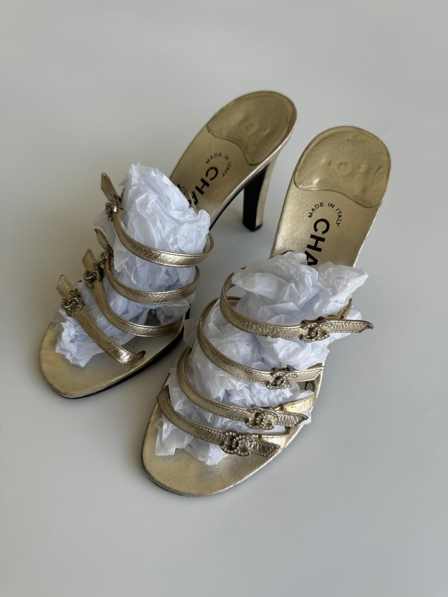 Chanel Rhinestone CC Gold Heels