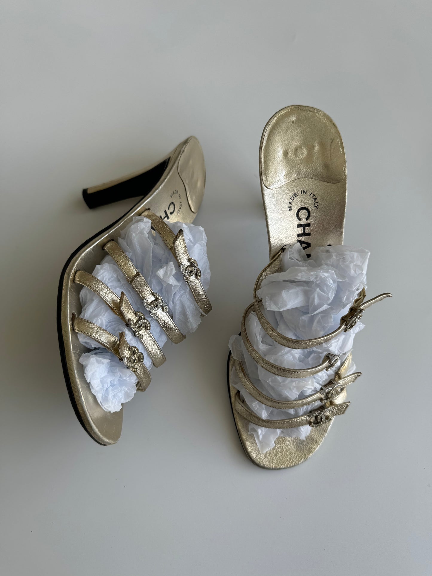 Chanel Rhinestone CC Gold Heels