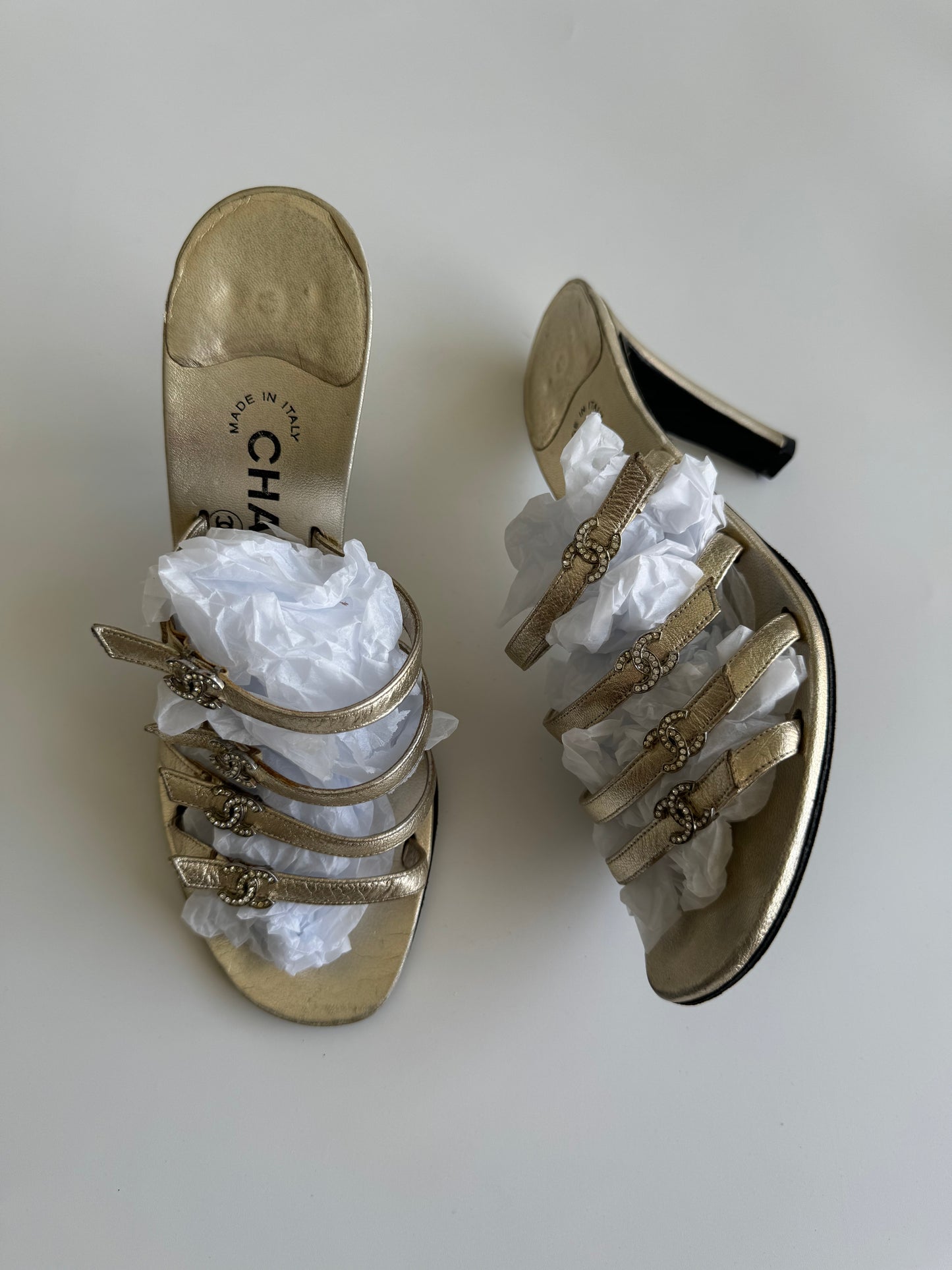 Chanel Rhinestone CC Gold Heels